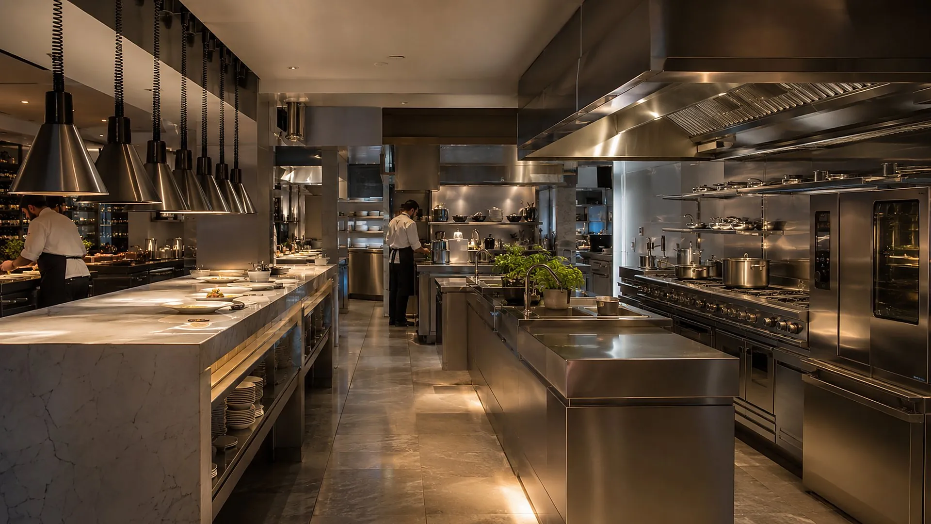 Ảnh minh họa khu bếp nhà hàng bằng inox, có dãy đèn giữ nóng phía trên bàn chia món