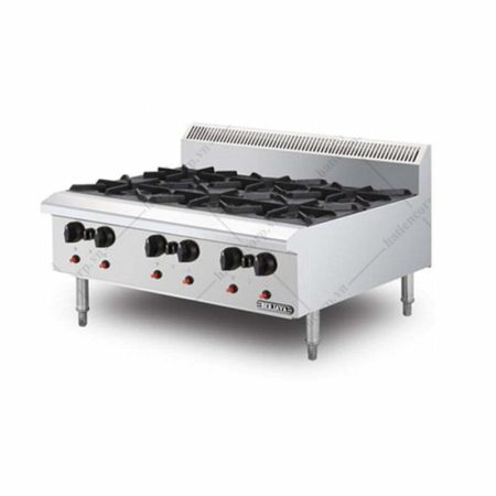 Bếp âu để bàn sáu họng gas hiệu Berjaya, kiềng gang đen, sáu núm chỉnh ở mặt trước