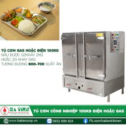 Tủ cơm 100kg dùng gas hoặc điện Hà Tiên có thể nấu đến 700 suất ăn/ lần nấu
