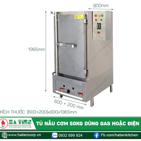Kích thước tủ cơm công nghiệp 50kg dùng gas hoặc điện Hà Tiên
