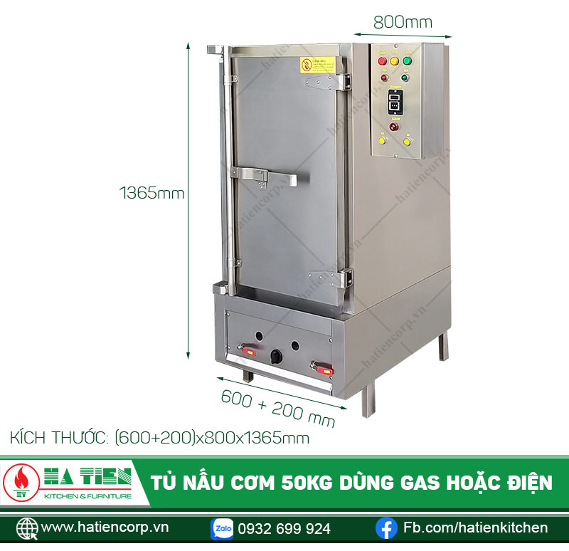 Kích thước tủ cơm công nghiệp 50kg dùng gas hoặc điện Hà Tiên