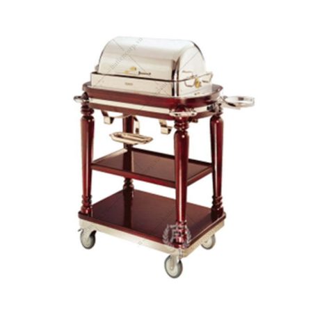 Xe phục vụ hai tầng mặt gỗ, trên đặt nồi hâm inox nắp trượt, khung chân tiện và bốn bánh xe