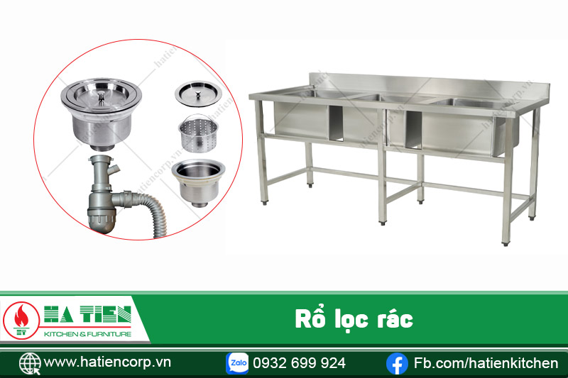 chậu rửa công nghiệp 3 hố có rỗ lọc rác