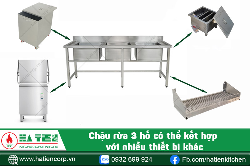 chậu rửa công nghiệp 3 hố có thể kết hợp với nhiều thiết bị khác