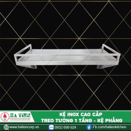 Kệ inox treo tường một tầng có lan can hai đầu, gắn bằng hai chân đỡ chéo