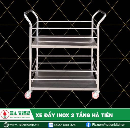 Xe đẩy inox 2 tầng có lan can viền - Xe đẩy hàng cao cấp