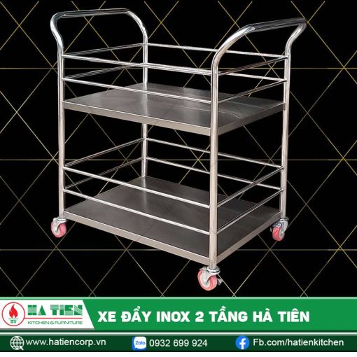Xe đẩy inox 2 tầng có lan can viền - Xe đẩy hàng cao cấp