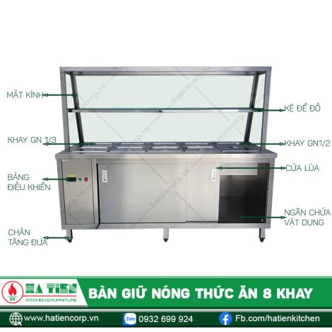 Cấu tạo Bàn Giữ Nóng Thức Ăn 8 Khay Có Kính