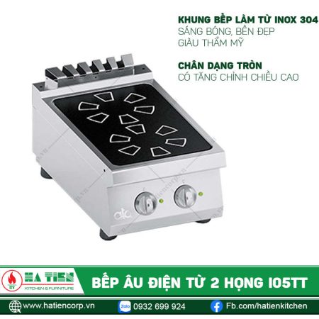 Bếp âu điện từ 2 họng để bàn, mặt kính đen có ký hiệu vùng nấu, hai núm vặn và chân tăng chỉnh