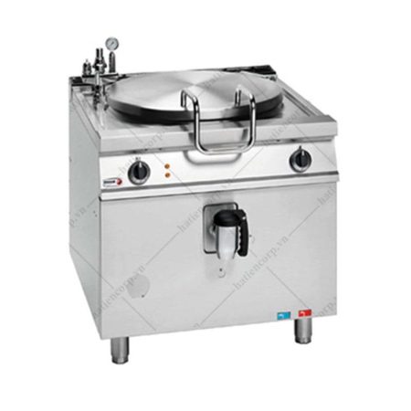 Nồi hầm áp suất dùng gas, nắp có tay nắm và đồng hồ áp suất, van xả ở mặt trước