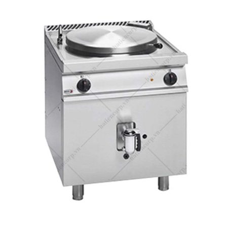 Nồi hầm công nghiệp dùng gas, nắp tròn lật, hai núm chỉnh và van xả đặt mặt trước