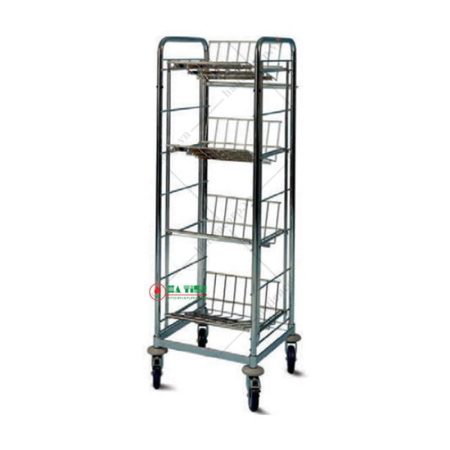 Xe đẩy inox bốn tầng giỏ lưới đặt nghiêng, khung ống tròn và bốn bánh xe