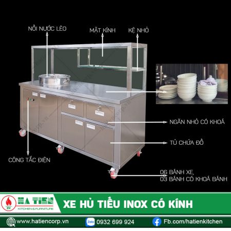 Cấu tạo Xe Hủ Tiếu Inox Có Kính Dùng Điện