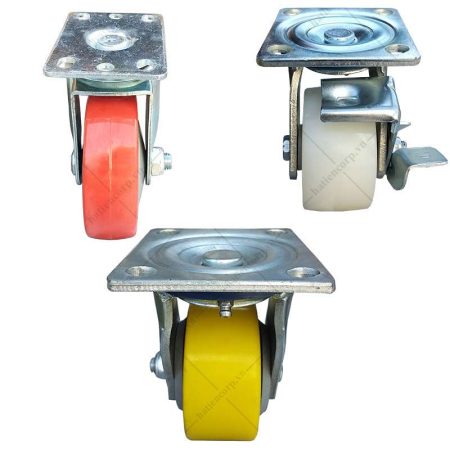 Ba loại bánh xe đẩy: bánh đỏ cố định, bánh trắng có phanh và bánh vàng xoay