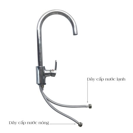 Vòi rửa bát cổ ngỗng mạ crôm, tay gạt một cần, kèm hai dây cấp nước nóng và lạnh