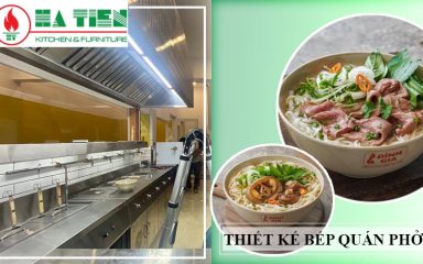 Dãy bếp inox quán phở do Hà Tiên thiết kế, bên cạnh là tô phở của quán