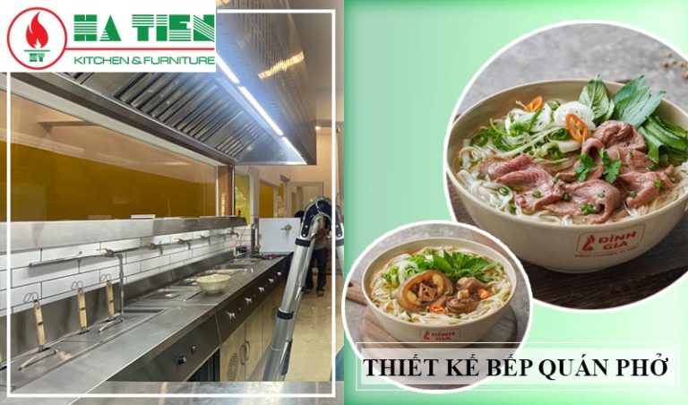 Dãy bếp inox quán phở do Hà Tiên thiết kế, bên cạnh là tô phở của quán