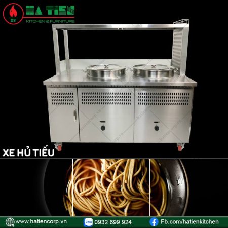 Xe hủ tiếu inox có mái kính, hai nồi nước lèo nắp inox trên mặt, ba cánh tủ dưới và bánh xe