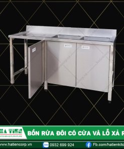 bồn rửa bát inox 2 ngăn có cửa mở kèm lỗ xả rác