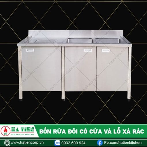 Bồn rửa bát inox 2 ngăn có cửa mở và lỗ xả rác