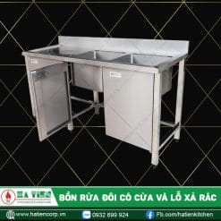 bồn rửa bát inox 2 ngăn có cửa và lỗ xả rác