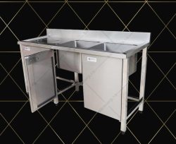 bồn rửa bát inox 2 ngăn có cửa và lỗ xả rác