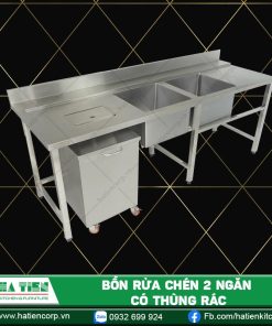 bồn rửa chén inox 304 2 ngăn thùng rác