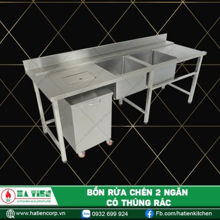 bồn rửa chén inox 304 2 ngăn thùng rác