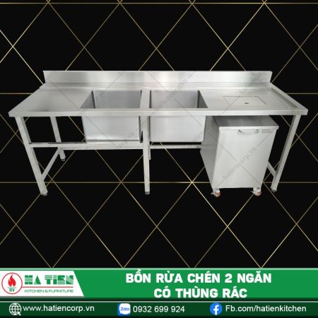 bồn rửa chén inox 304 2 ngăn có thùng rác