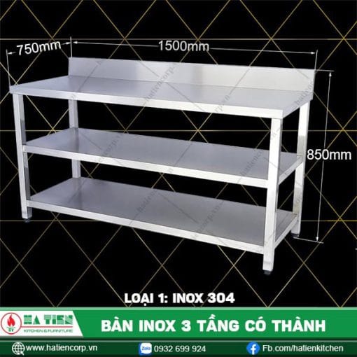 bàn inox 3 tầng có thành