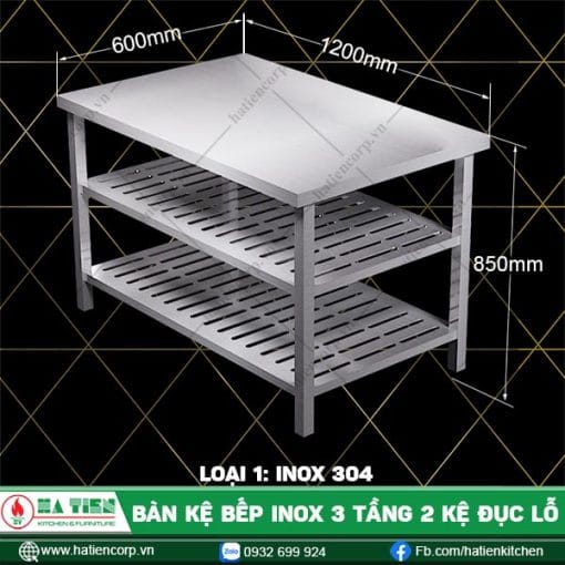 bàn kệ bếp inox 3 tầng 2 kệ đục lỗ B2KL6-12