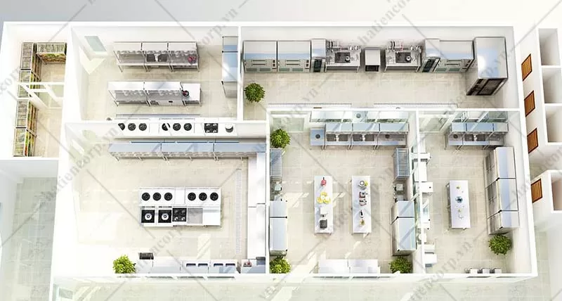 Khu bếp nhà hàng được vẽ 3D chi tiết trước khi thi công