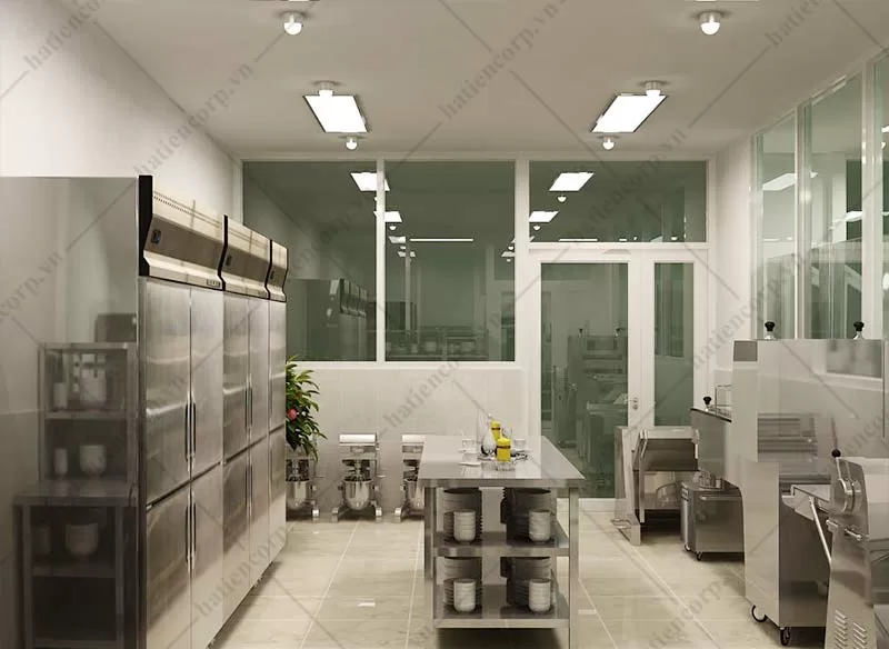 Khu vực làm bánh với tủ mát và các loại máy hiện đại như máy trộn bột, máy cán bột, máy ủ bột....