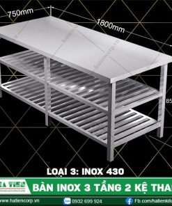 bàn inox 3 tầng 2 kệ thanh B2KT4-18