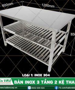 bàn inox 3 tầng 2 kệ thanh B2KT6-12