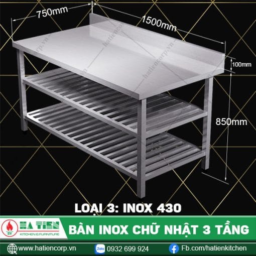 Bàn inox chữ nhật 3 tầng