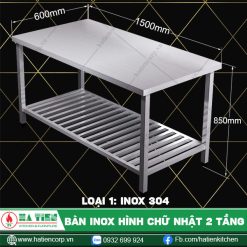 bàn inox hình chữ nhật 2 tầng BKT6-15