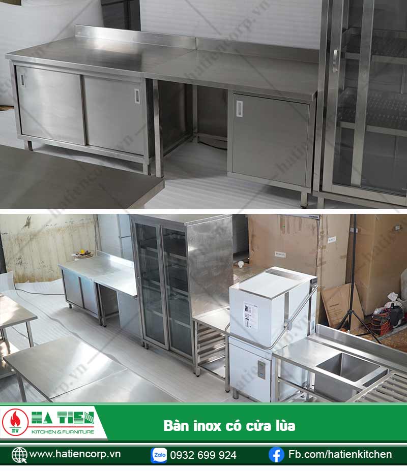 Bàn có cửa lùa được đặt cạnh tủ, dễ dàng lấy vật dụng và thao tác