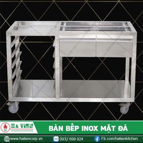 Bàn inox mặt đá chân bánh xe