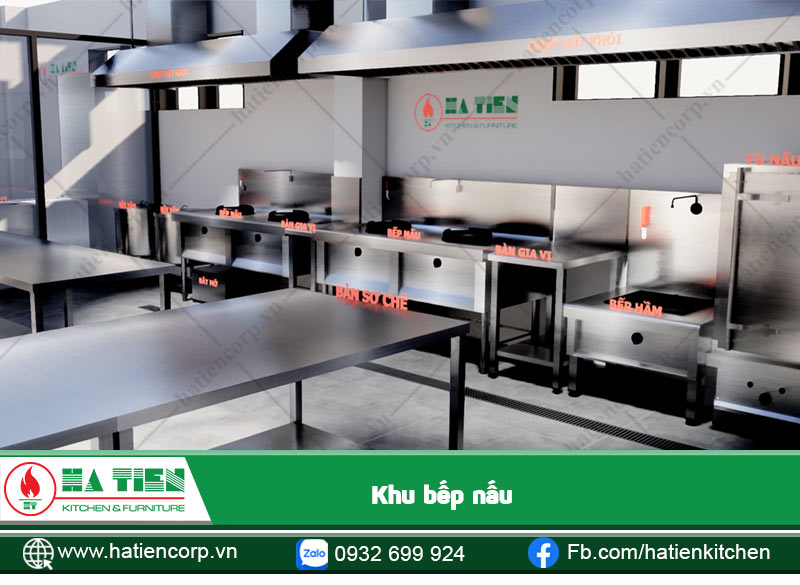Khu vực bếp nấu với bếp á, bàn để gia vị và bếp hầm