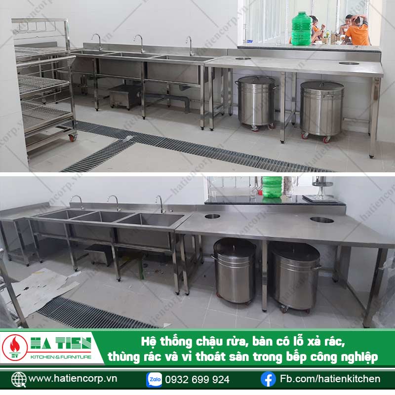 Hệ thống bàn, chậu rưa, thùng rác, kệ inox