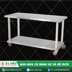 bàn inox có bánh xe và kệ dưới
