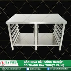 bàn inox bếp công nghiệp có ray trượt và kệ
