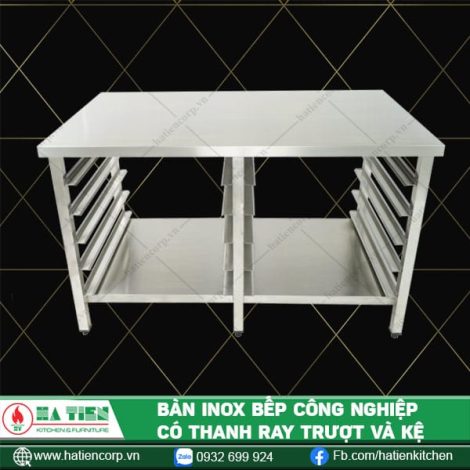 bàn inox bếp công nghiệp có ray trượt và kệ