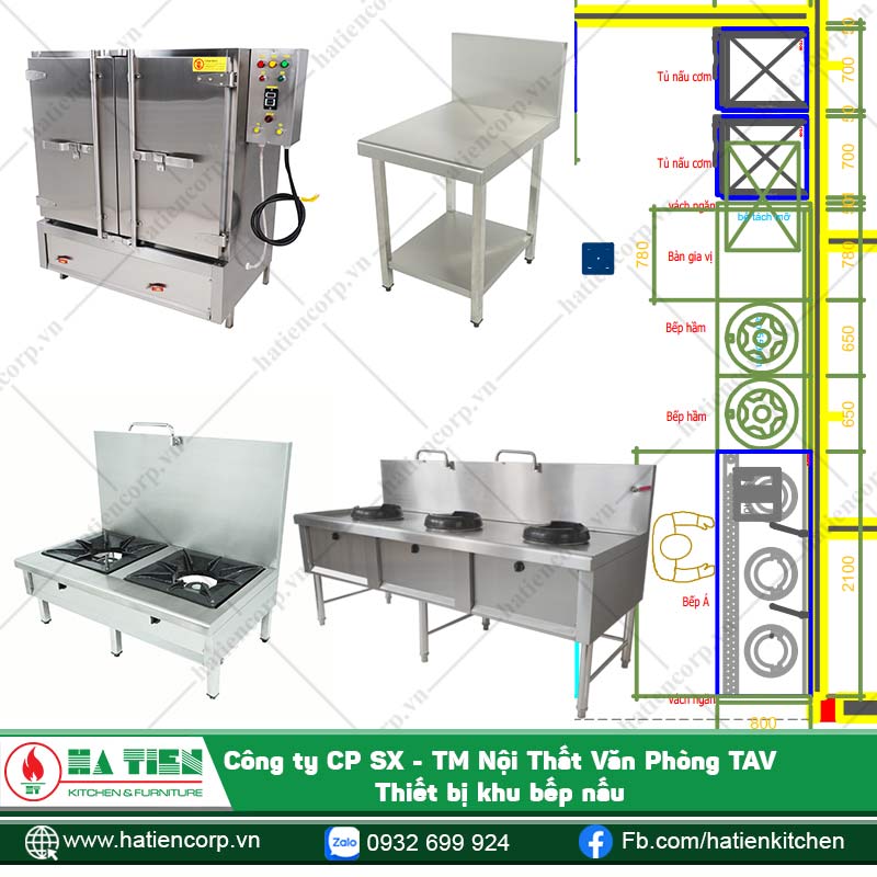 Thiết bị thường dùng cho khu bếp nấu như tủ nấu cơm, bàn gia cị, bếp hầm, bếp á...