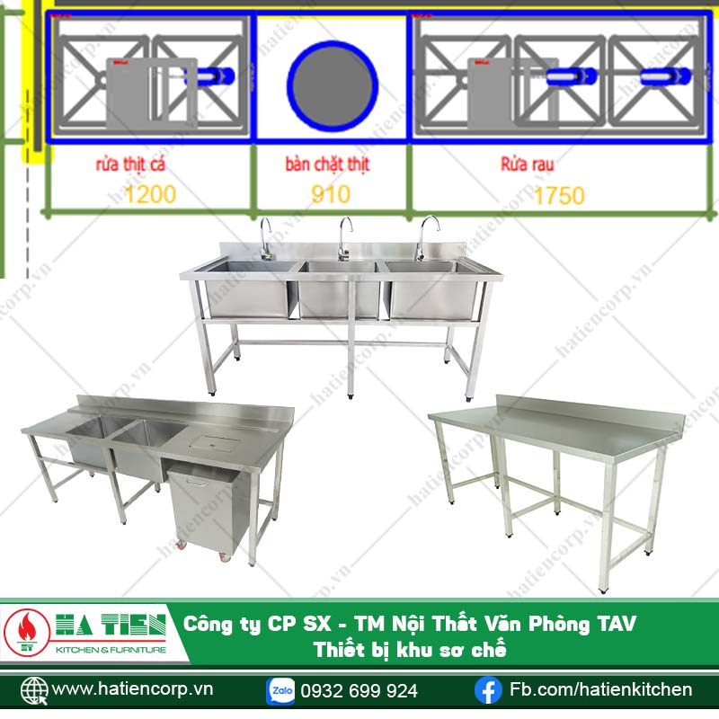 Khu vực sơ chế thường sử dụng các loại chậu rửa, bàn có thành, bàn có kệ dưới...