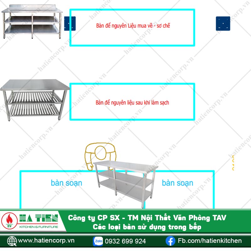 Khu vực chuẩn bị trong bếp với các loại bàn có kệ dưới