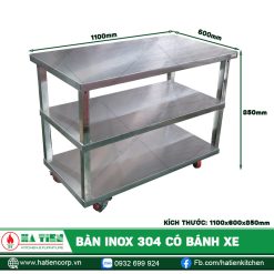 Kích thước Bàn Inox 304 Có Bánh Xe Và 02 Kệ Dưới