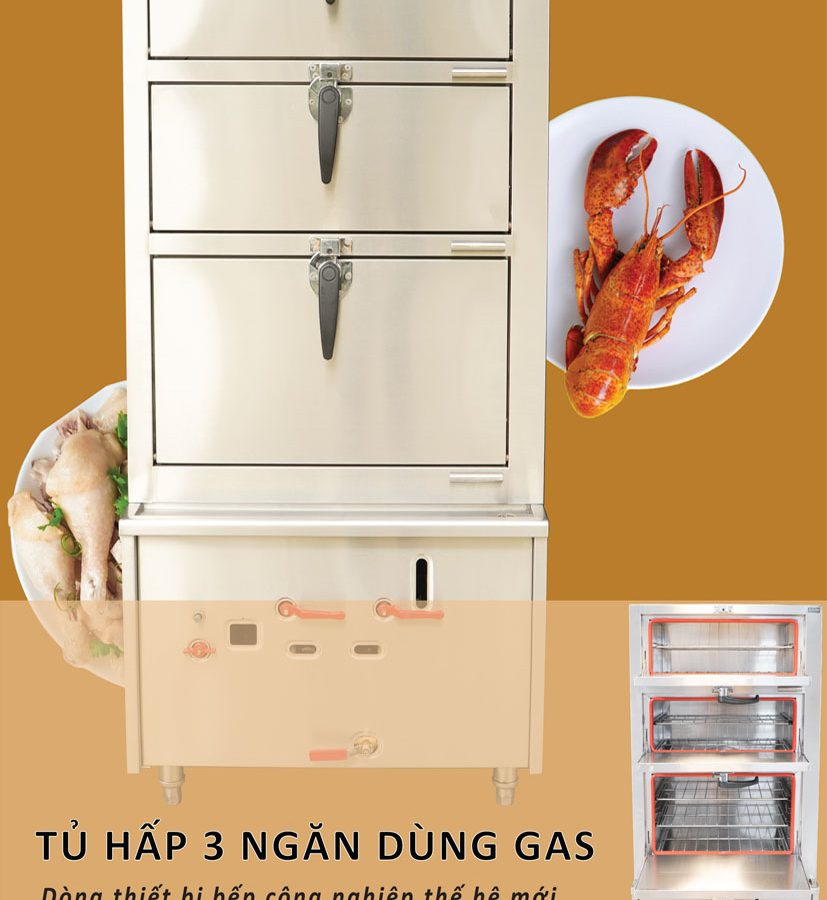 tủ hấp 3 tầng dùng gas