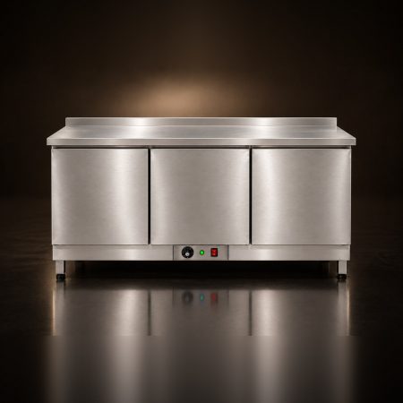 Quầy giữ nóng chén đĩa Hà Tiên nhìn chính diện, 3 cửa inox và dải điều khiển